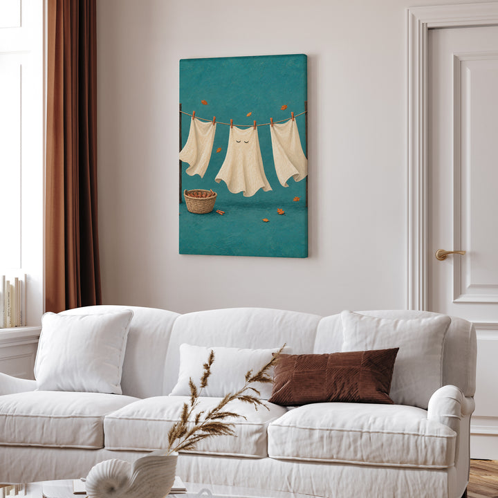 Ghost Laundry Day – Ghost Art with White Sheets and Two Eye Holes – Canvas Wall Art