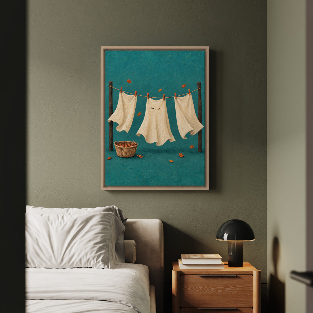 Ghost Laundry Day – Ghost Art with White Sheets and Two Eye Holes – Framed Canvas Wall Art