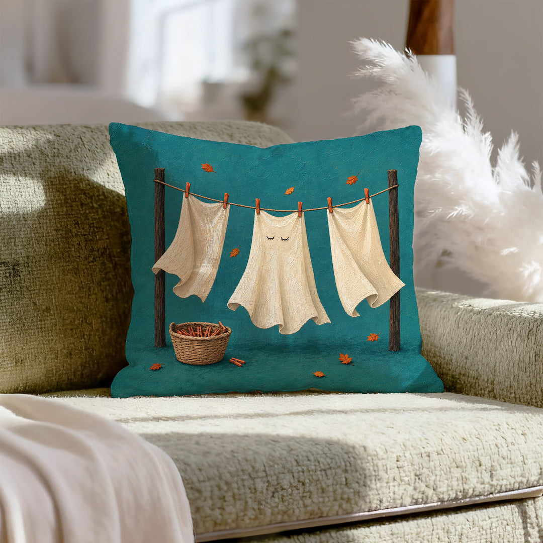 Ghost Laundry Day – Ghost Decor with White Sheets and Two Eye Holes – Throw Pillow