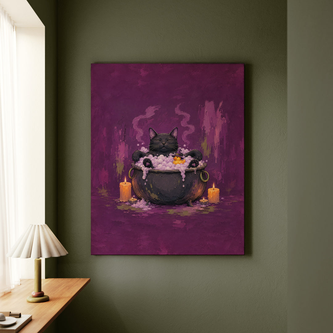 The Familiar's Bath Night – Black Cat Art with a Bubbling Cauldron Soak – Canvas Wall Art