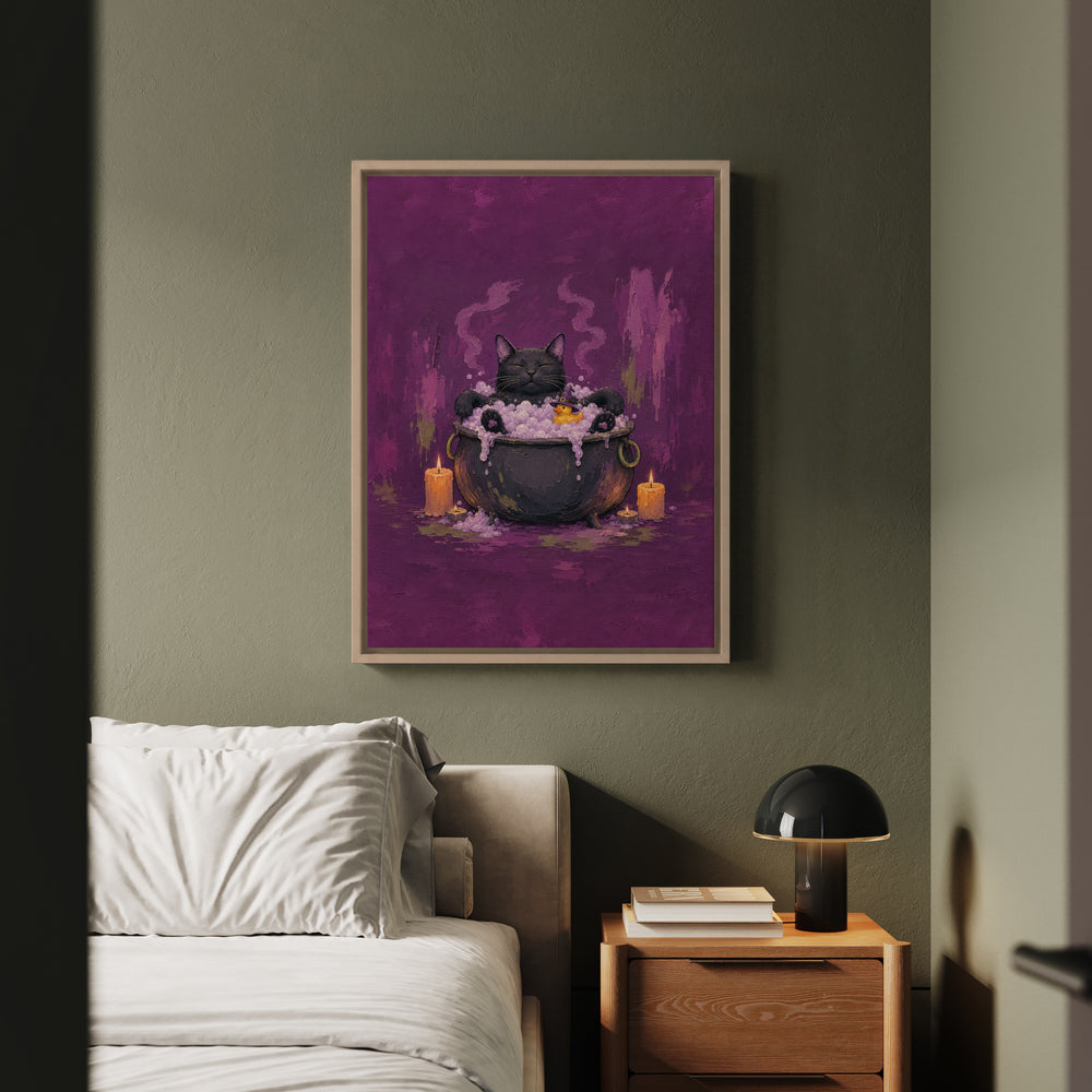 The Familiar's Bath Night – Black Cat Art with a Bubbling Cauldron Soak – Framed Canvas Wall Art