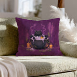 The Familiar's Bath Night – Black Cat Decor with a Bubbling Cauldron Soak – Pillow Cover