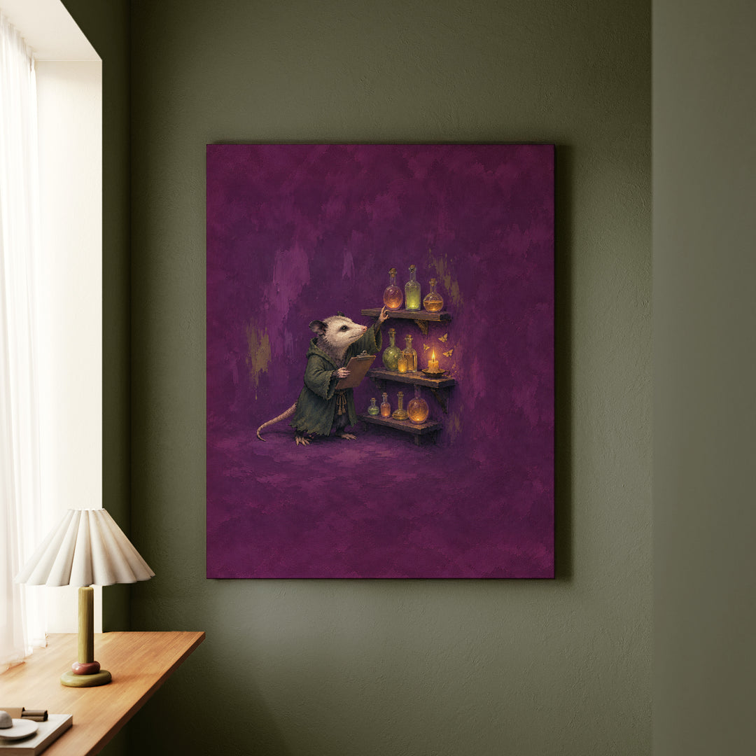 Potion Inventory, 3AM – Witchy Shelf Decor with an Opossum Counting Jars – Canvas Wall Art