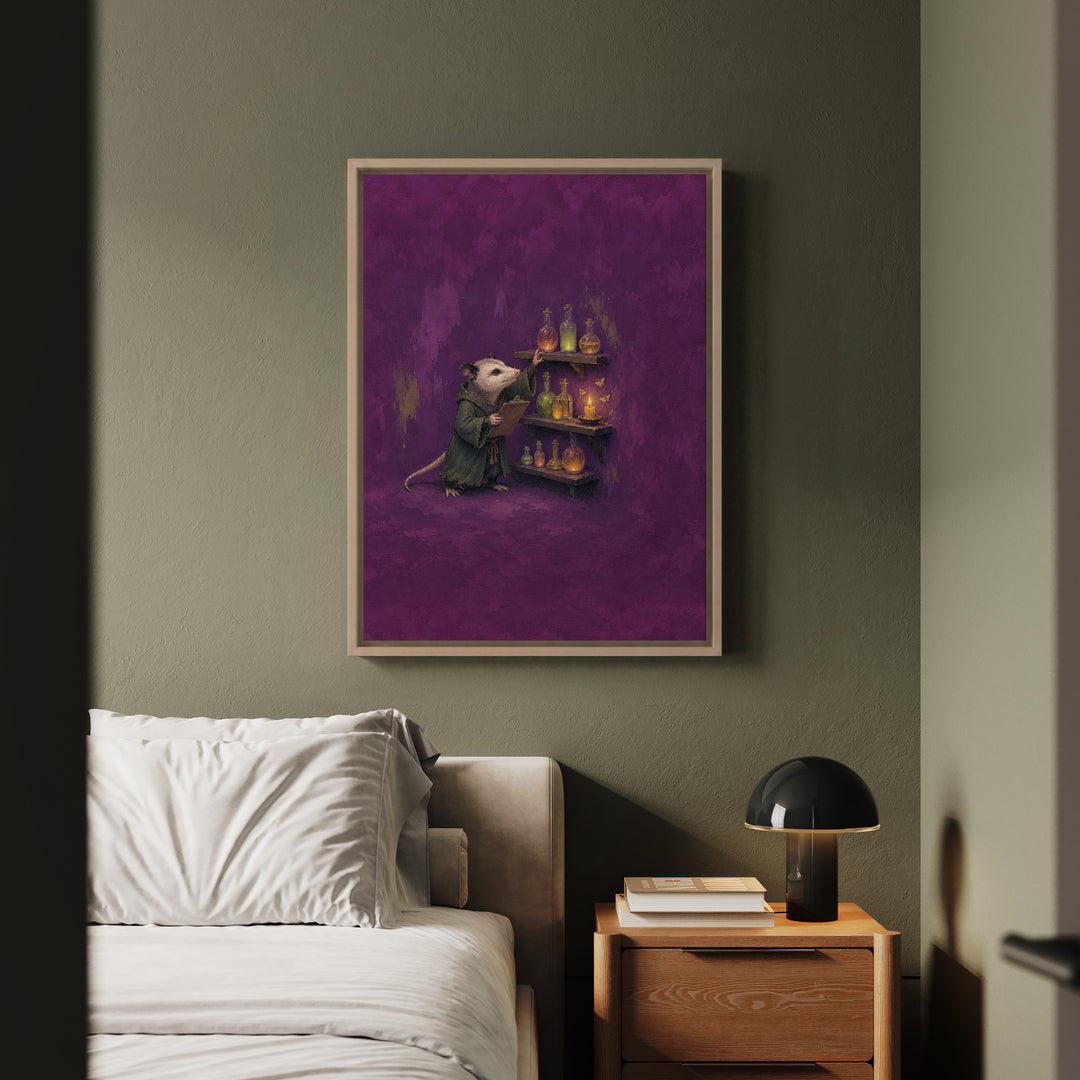 Potion Inventory, 3AM – Witchy Shelf Decor with an Opossum Counting Jars – Framed Canvas Wall Art