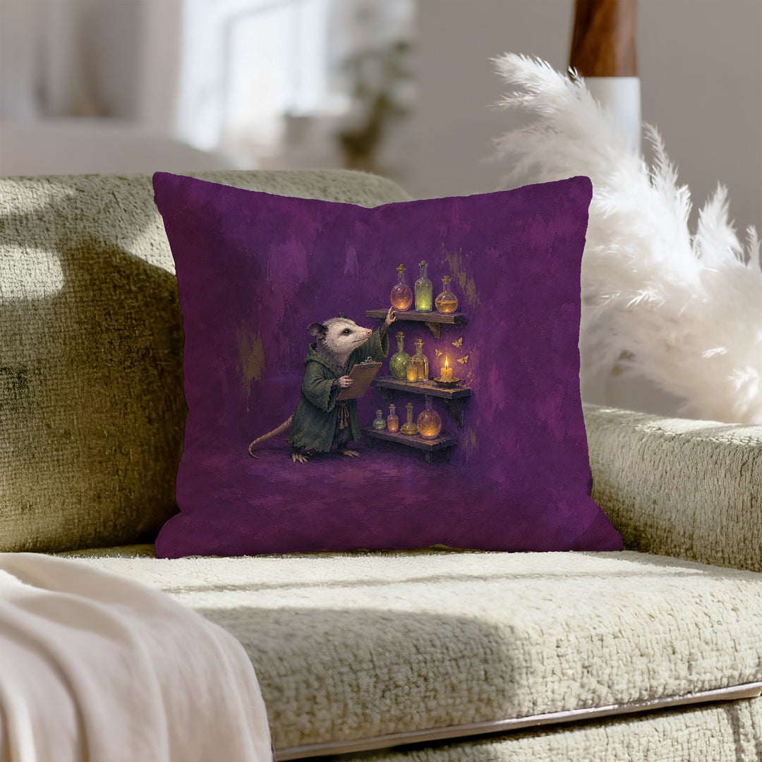 Potion Inventory, 3AM – Witchy Shelf Decor with an Opossum Counting Jars – Throw Pillow