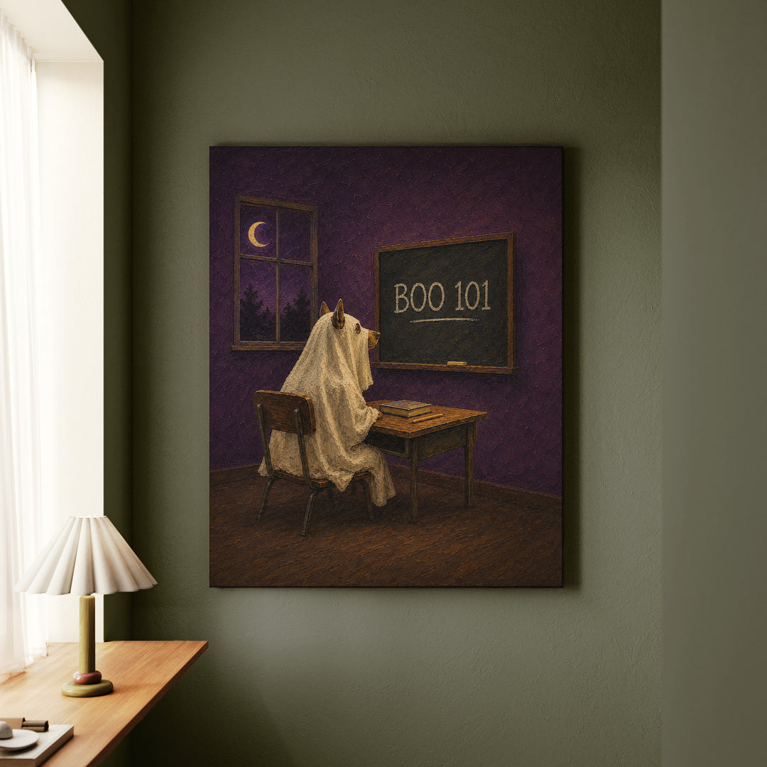 BOO 101 – Halloween Wall Art with a Sheet Ghost at a Desk – Canvas Wall Art