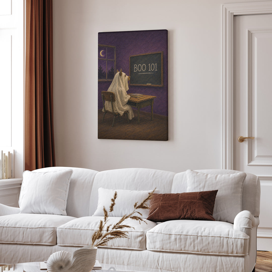 BOO 101 – Halloween Wall Art with a Sheet Ghost at a Desk – Canvas Wall Art