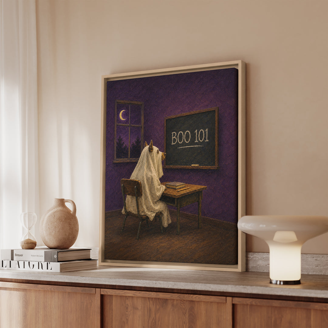 BOO 101 – Halloween Wall Art with a Sheet Ghost at a Desk – Framed Canvas Wall Art