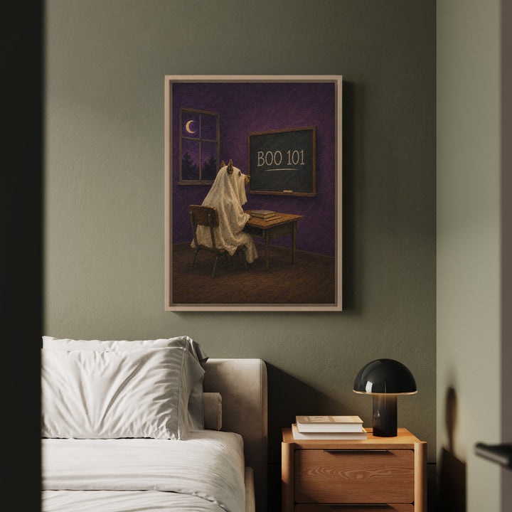 BOO 101 – Halloween Wall Art with a Sheet Ghost at a Desk – Framed Canvas Wall Art