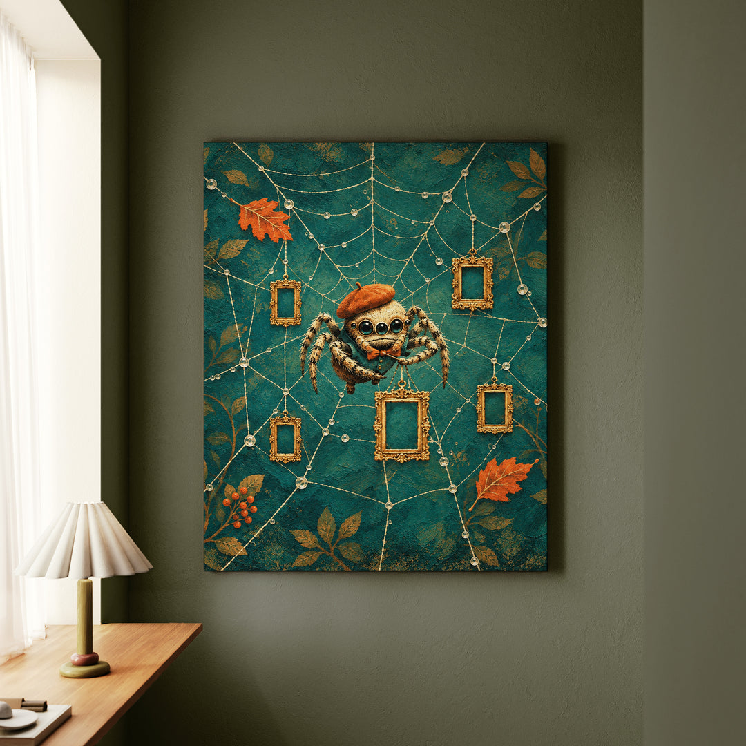 The Cobweb Gallery – Weird Wall Art with a Spider Hanging Empty Frames – Canvas Wall Art