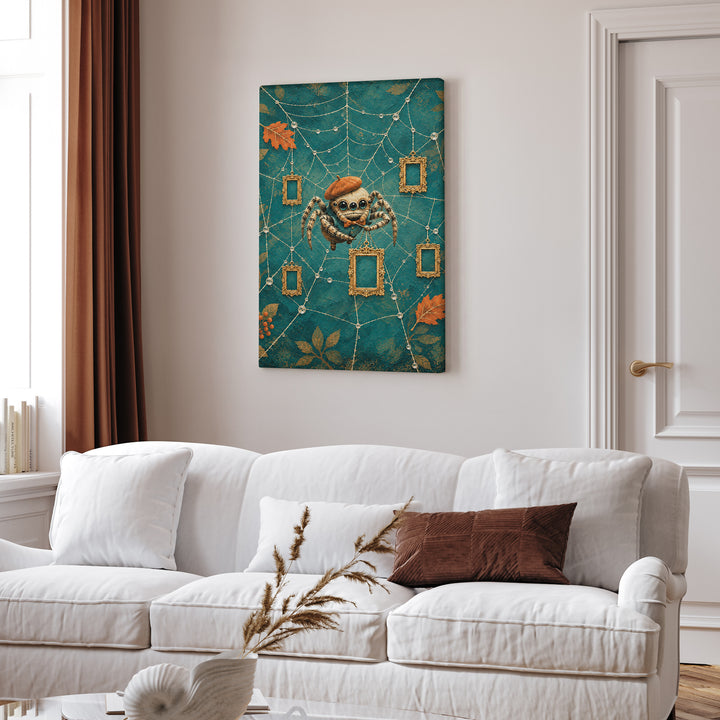 The Cobweb Gallery – Weird Wall Art with a Spider Hanging Empty Frames – Canvas Wall Art