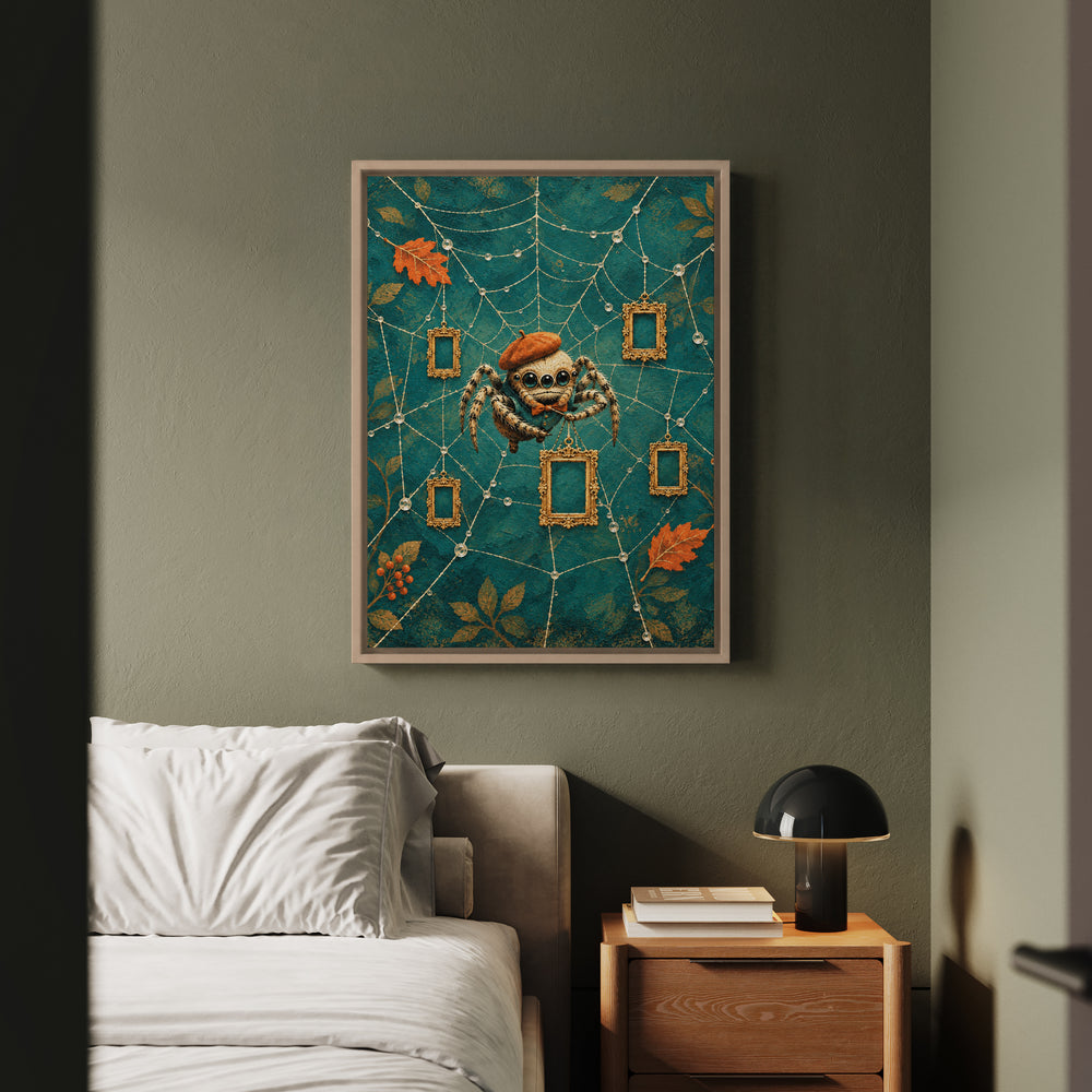 The Cobweb Gallery – Weird Wall Art with a Spider Hanging Empty Frames – Framed Canvas Wall Art