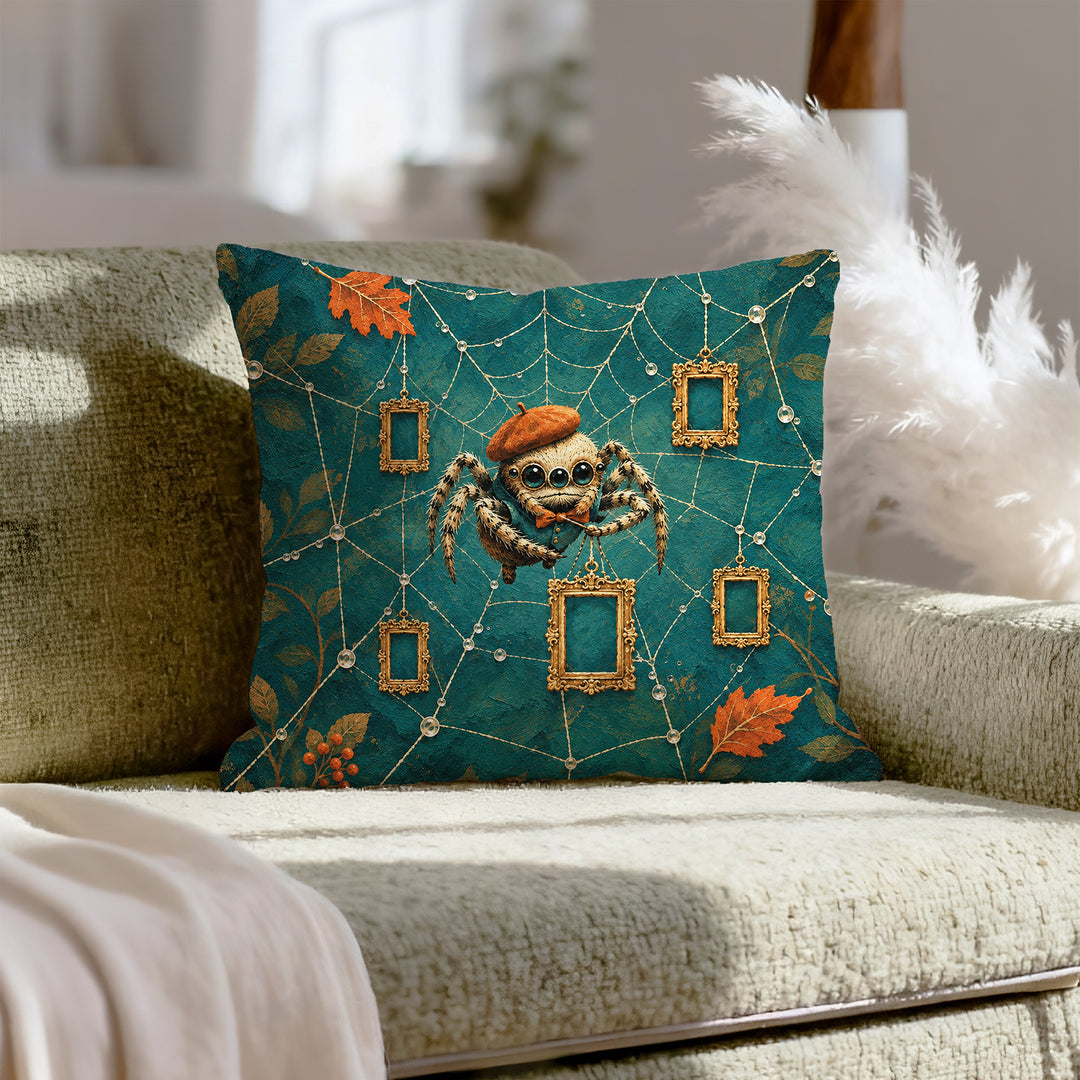 The Cobweb Gallery – Weird Wall Art with a Spider Hanging Empty Frames – Pillow / Cover