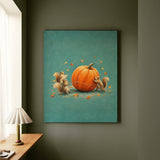 Pumpkin Logistics – Squirrel Art with a Team Rolling One Giant Gourd – Canvas / Framed Canvas
