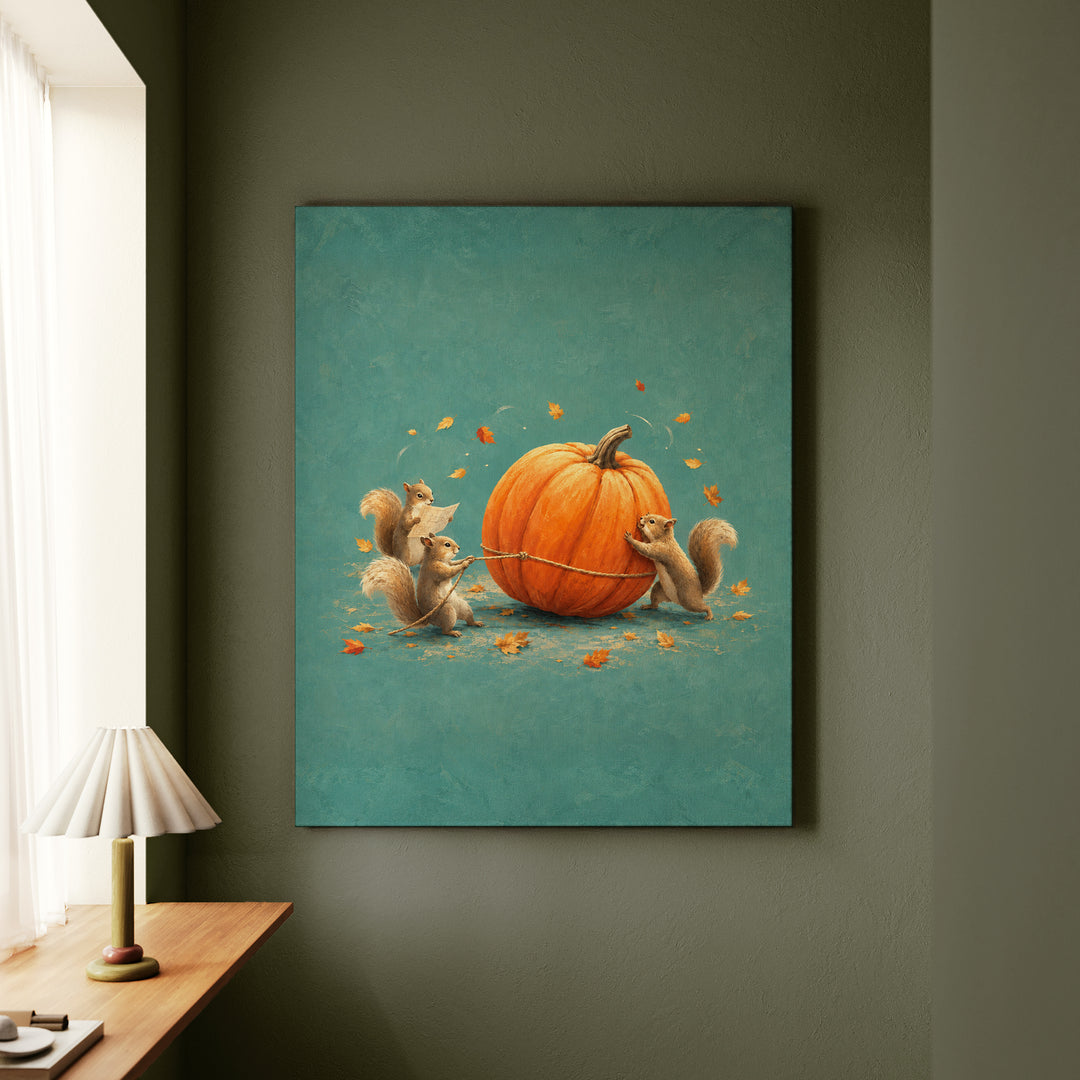 Pumpkin Logistics – Squirrel Art with a Team Rolling One Giant Gourd – Canvas Wall Art