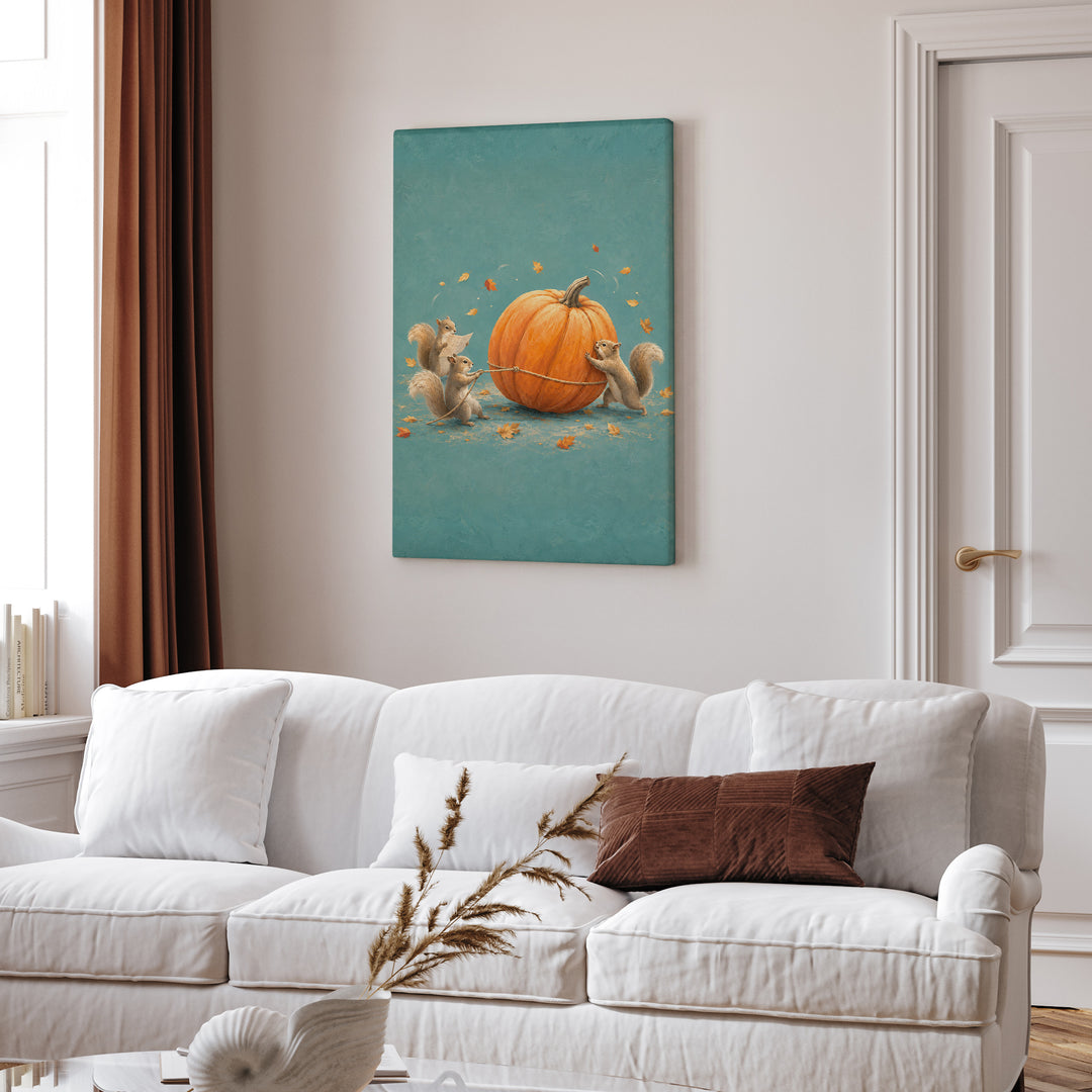 Pumpkin Logistics – Squirrel Art with a Team Rolling One Giant Gourd – Canvas Wall Art