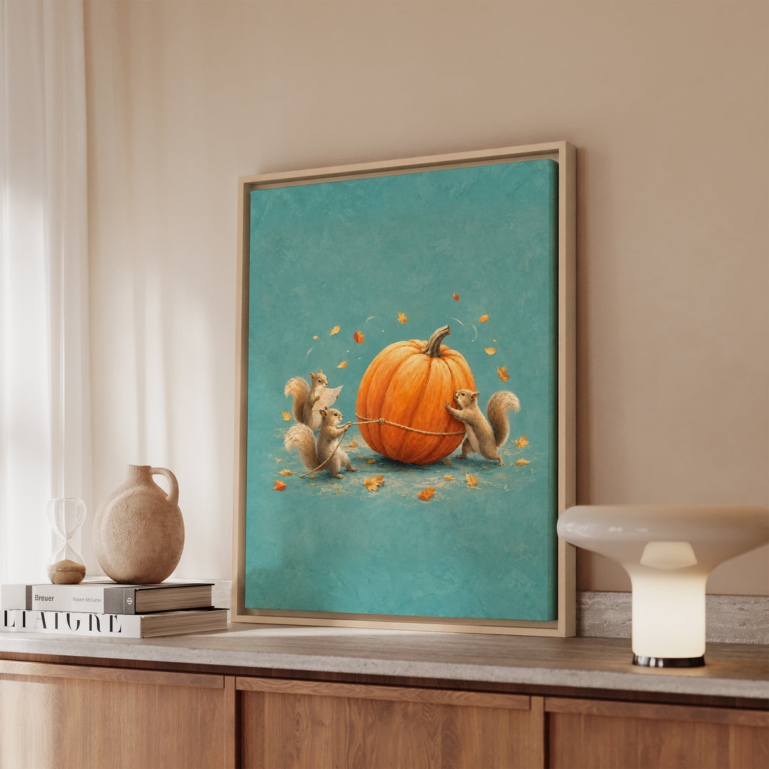 Pumpkin Logistics – Squirrel Art with a Team Rolling One Giant Gourd – Framed Canvas Wall Art
