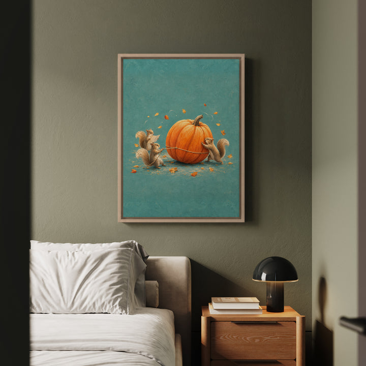 Pumpkin Logistics – Squirrel Art with a Team Rolling One Giant Gourd – Canvas / Framed Canvas