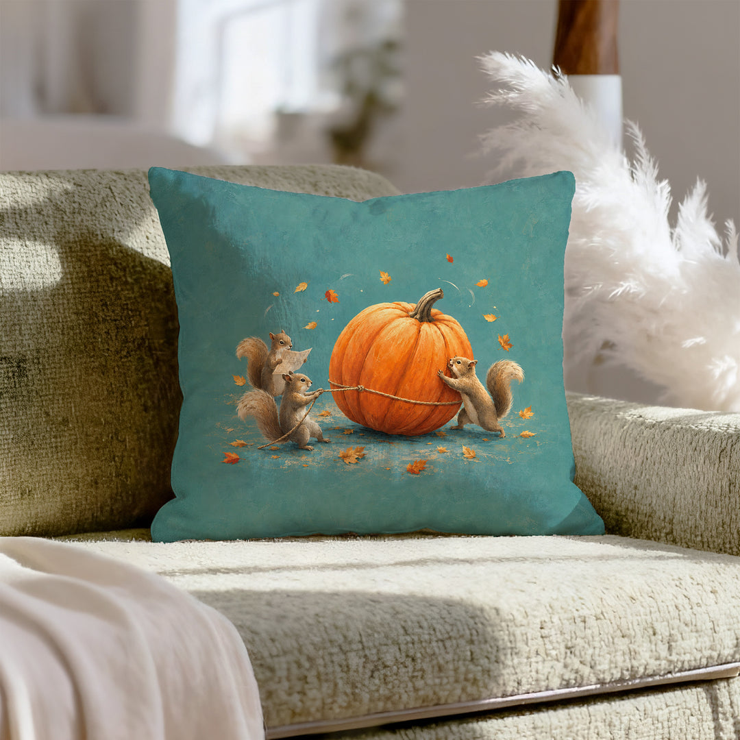 Pumpkin Logistics – Squirrel Decor with a Team Rolling One Giant Gourd – Pillow Cover