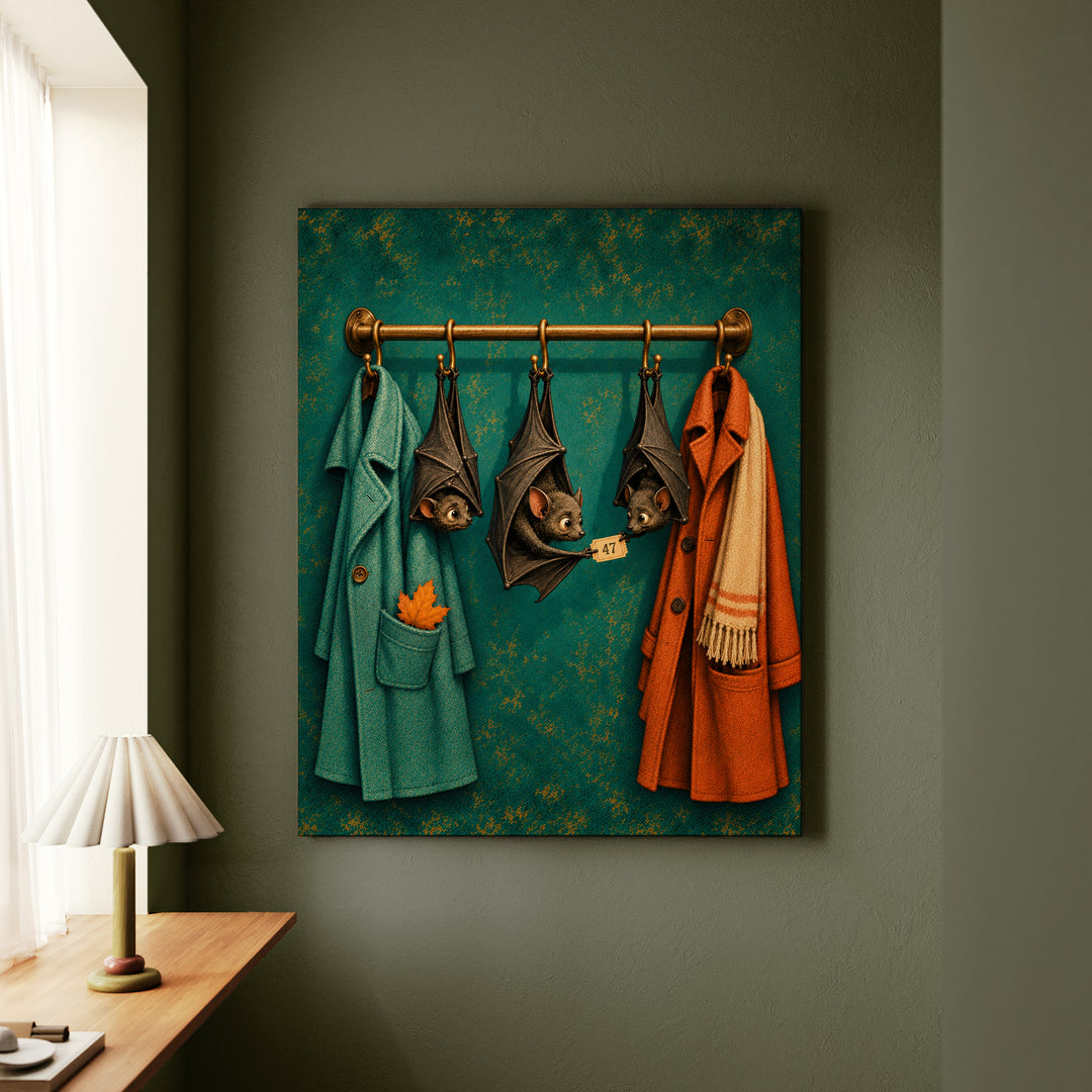 Bat Coat Check – Halloween Wall Art with Upside Down Guests on a Rack – Canvas Wall Art