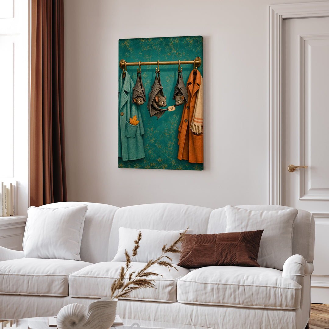Bat Coat Check – Halloween Wall Art with Upside Down Guests on a Rack – Canvas Wall Art