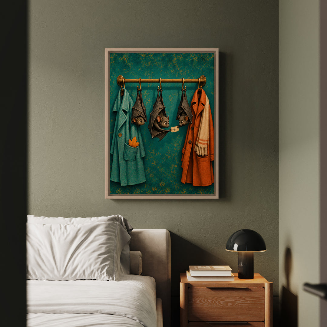Bat Coat Check – Halloween Wall Art with Upside Down Guests on a Rack – Framed Canvas Wall Art
