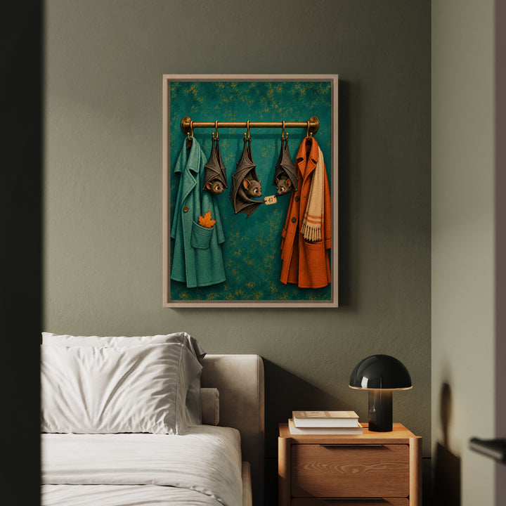 Bat Coat Check – Halloween Wall Art with Upside Down Guests on a Rack – Framed Canvas Wall Art
