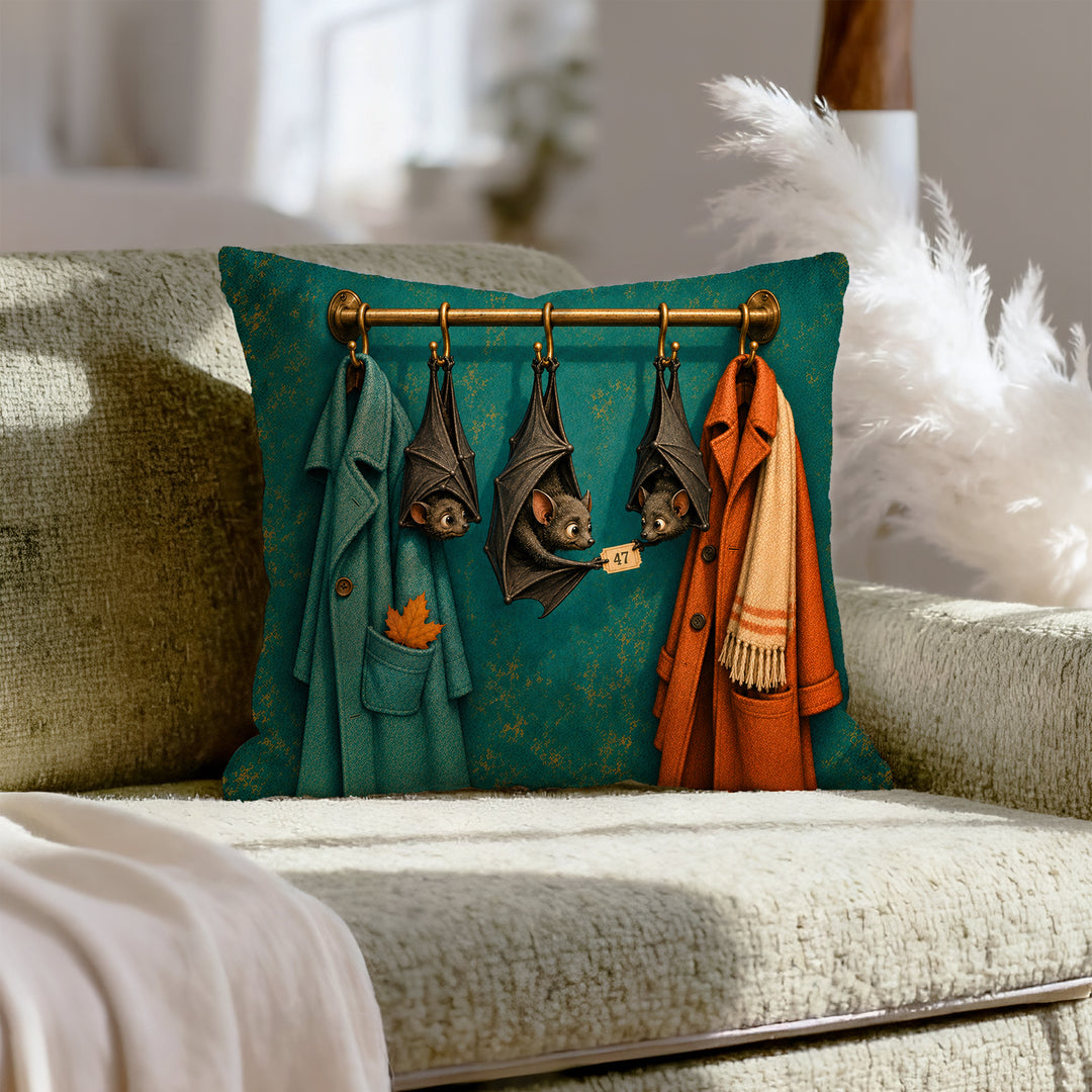 Bat Coat Check – Halloween Wall Art with Upside Down Guests on a Rack – Pillow / Cover
