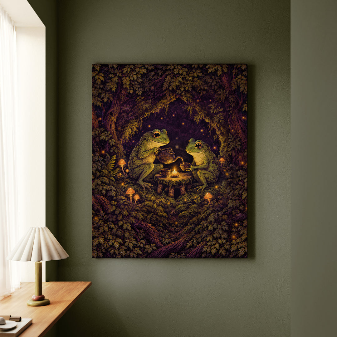 Midnight Tea Circle – Witchy Wall Art with Frogs Around a Candlelit Table – Canvas Wall Art