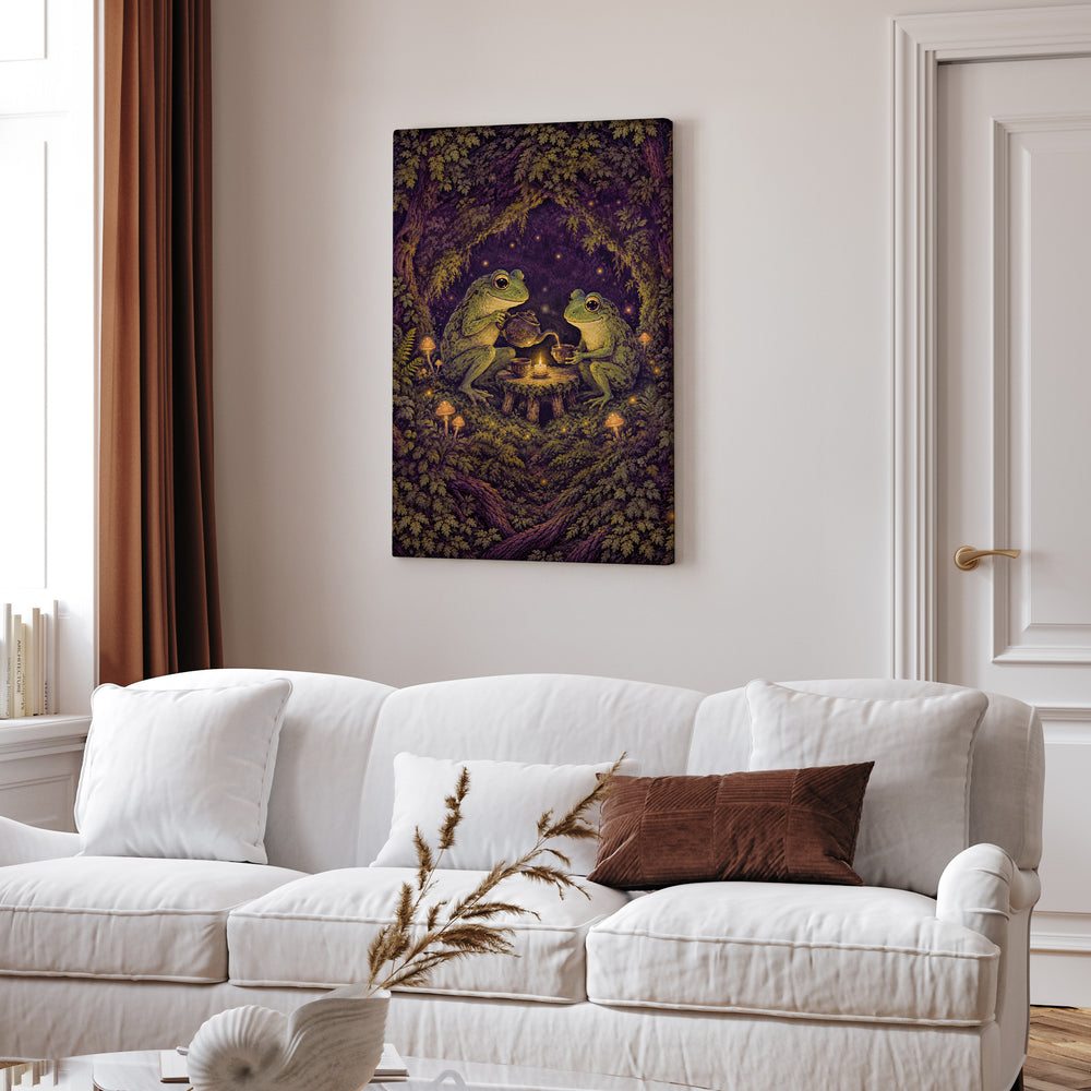 Midnight Tea Circle – Witchy Wall Art with Frogs Around a Candlelit Table – Canvas Wall Art