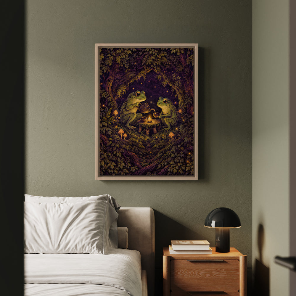 Midnight Tea Circle – Witchy Wall Art with Frogs Around a Candlelit Table – Framed Canvas Wall Art