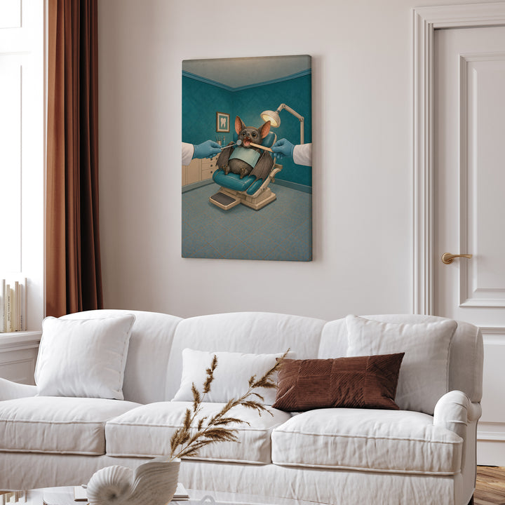 The Fang Checkup – Halloween Wall Art with a Brave Bat at a Dental Mirror – Canvas / Framed Canvas