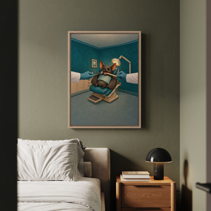 The Fang Checkup – Halloween Wall Art with a Brave Bat at a Dental Mirror – Canvas / Framed Canvas