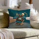 The Fang Checkup – Halloween Decor with a Brave Bat at a Dental Mirror – Throw Pillow