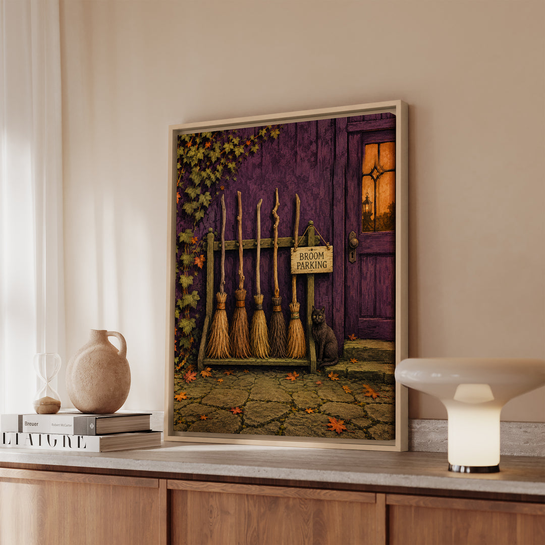 Broom Parking Only – Witchy Wall Art with Bristles Racked by the Door – Framed Canvas Wall Art