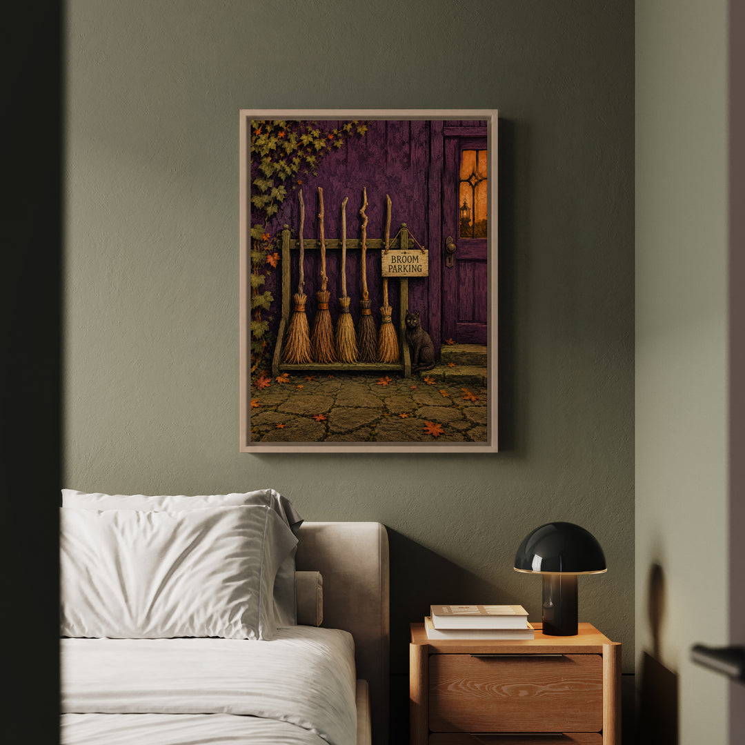 Broom Parking Only – Witchy Wall Art with Bristles Racked by the Door – Framed Canvas Wall Art