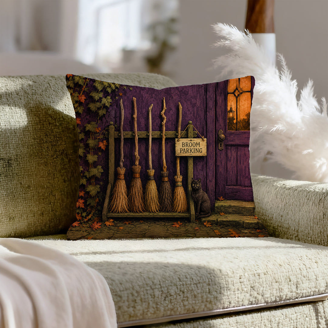 Broom Parking Only – Witchy Decor with Bristles Racked by the Door – Pillow Cover