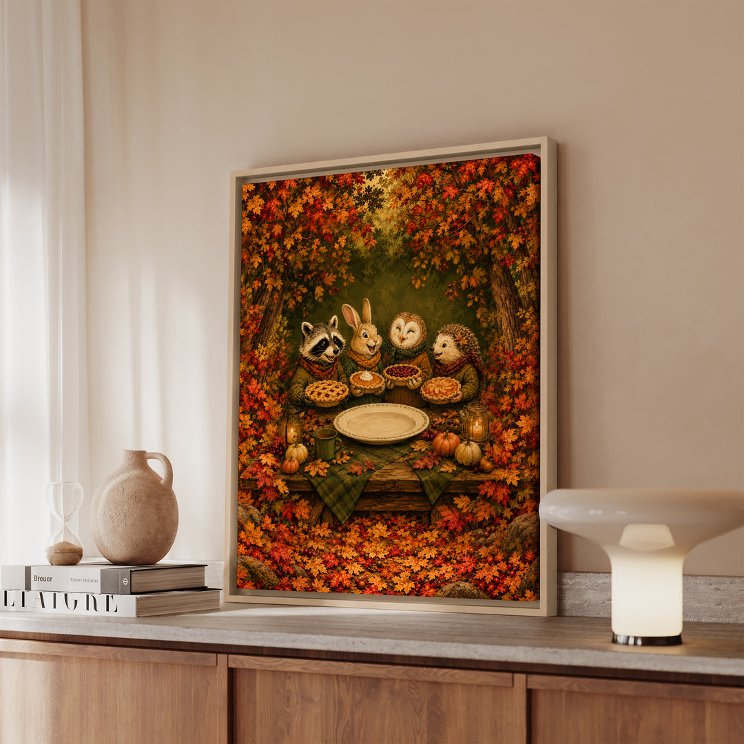 Friendsgiving Potluck – Funny Thanksgiving Art with a Table of Proud Cooks – Framed Canvas Wall Art