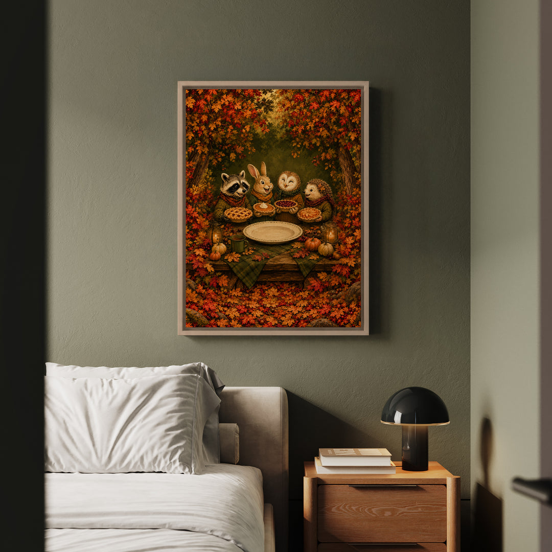 Friendsgiving Potluck – Funny Thanksgiving Art with a Table of Proud Cooks – Framed Canvas Wall Art