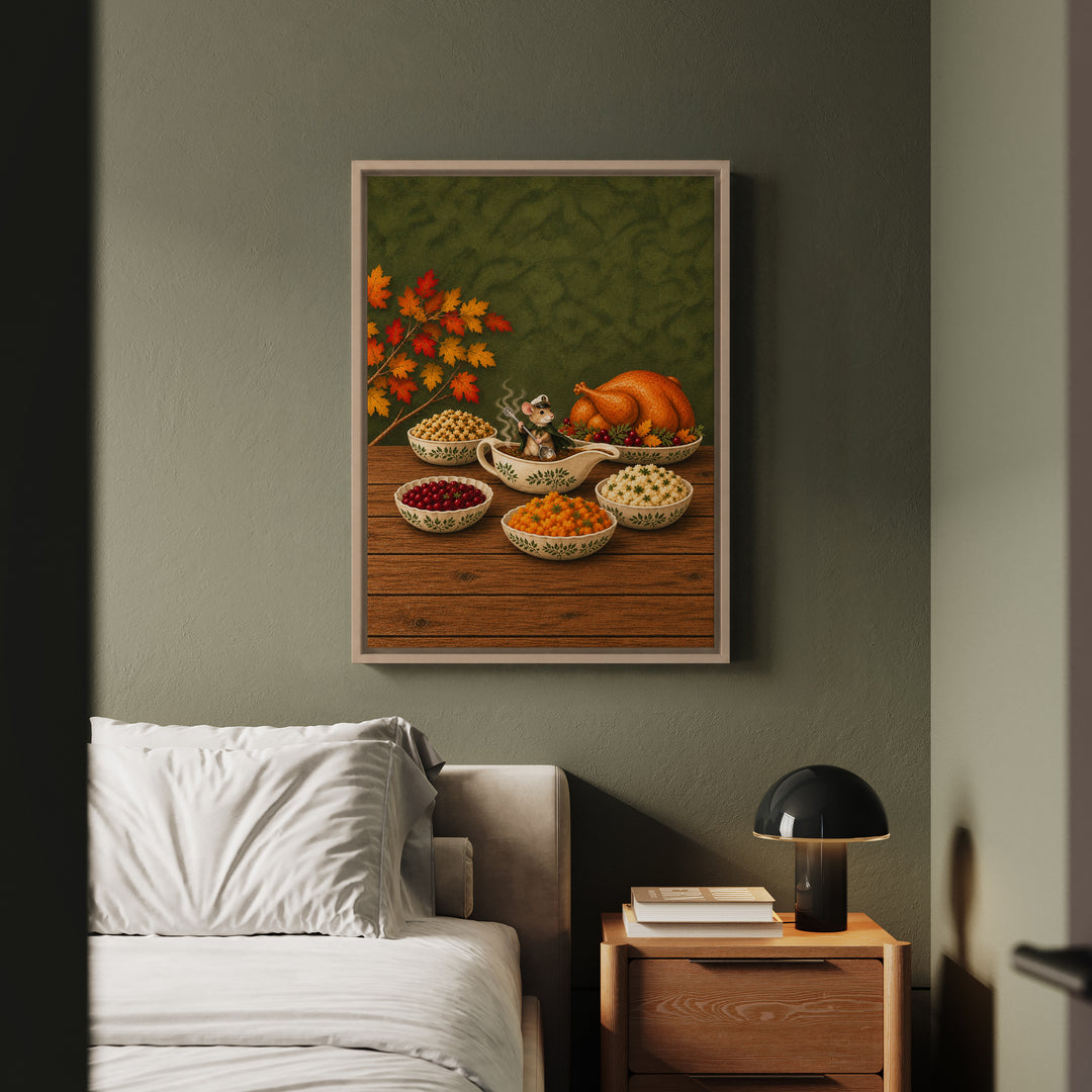 The Gravy Regatta – Kitchen Wall Decor with a Mouse Sailing the Sauce – Framed Canvas Wall Art