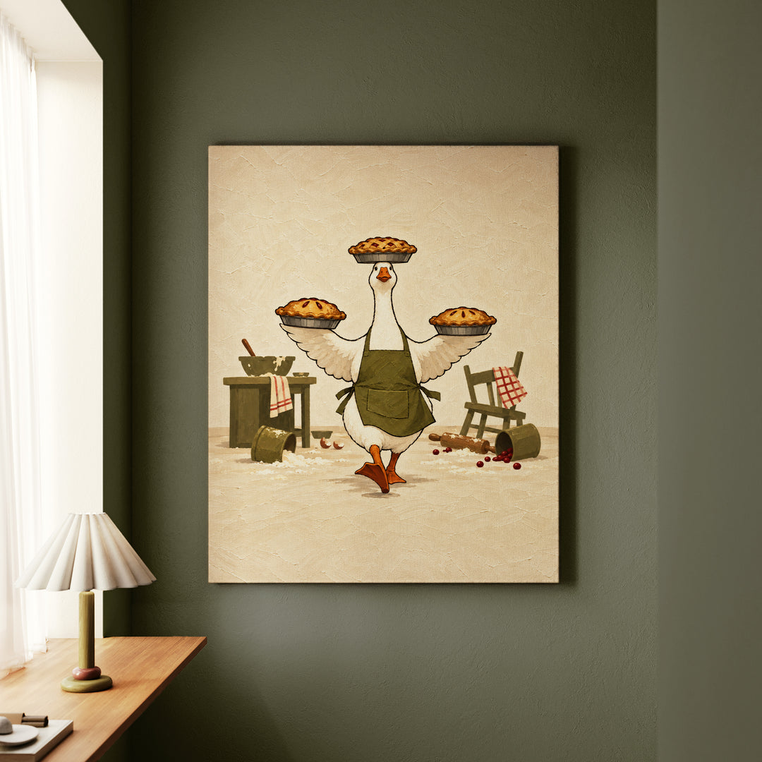 Hostess Goose – Goose Art with an Apron and Three Balanced Pies – Canvas Wall Art
