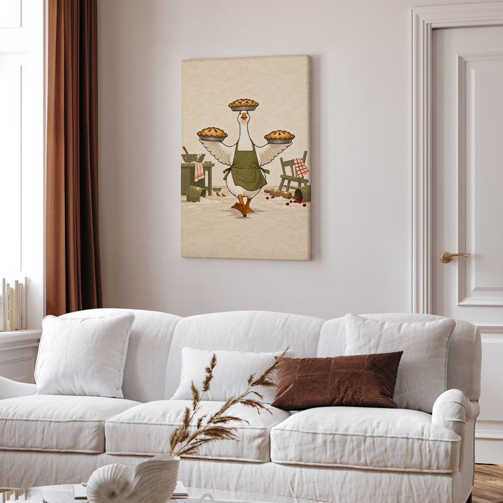 Hostess Goose – Goose Art with an Apron and Three Balanced Pies – Canvas Wall Art