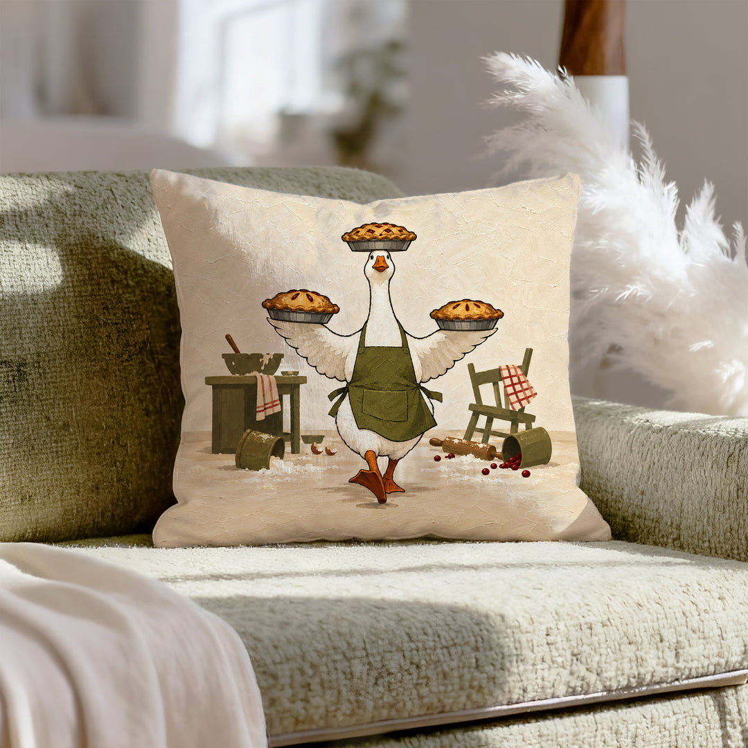 Hostess Goose – Goose Decor with an Apron and Three Balanced Pies – Throw Pillow