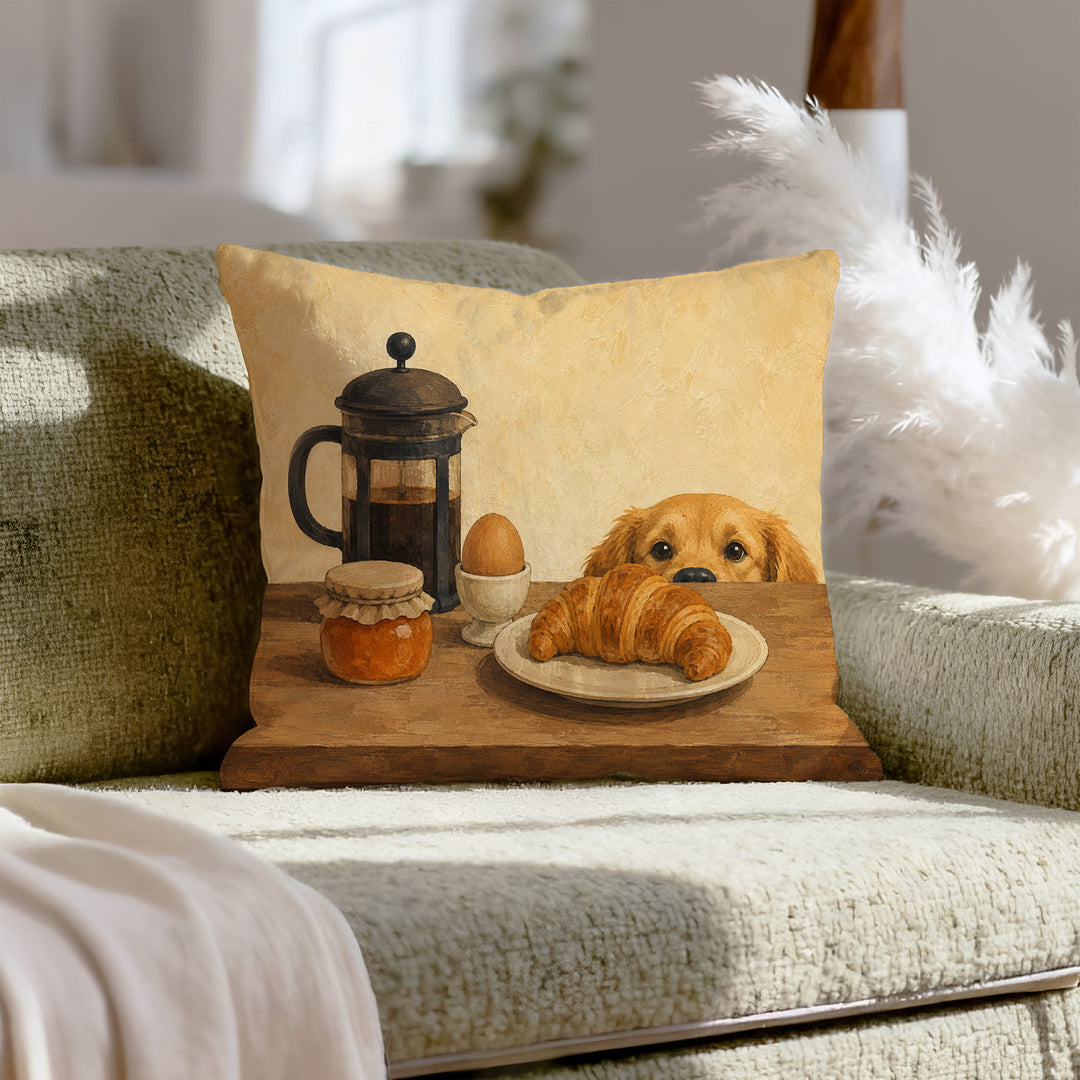 The Breakfast Auditor – Kitchen Decor with a French Press and Jam Jar – Throw Pillow