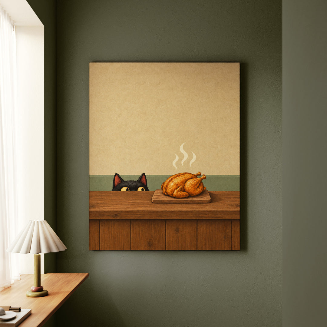 Quality Control – Cat Kitchen Art with a Roast Resting on the Board – Canvas Wall Art