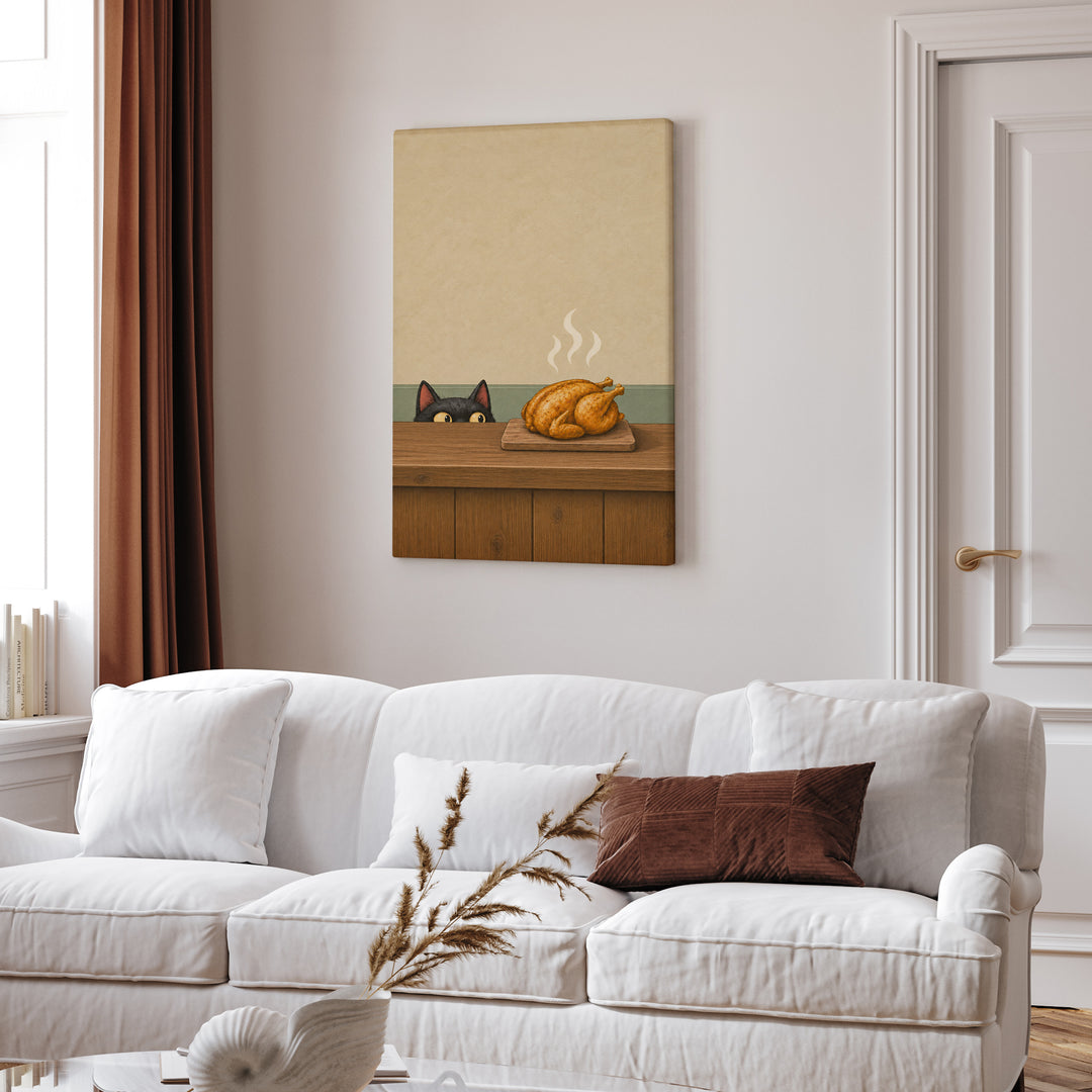 Quality Control – Cat Kitchen Art with a Roast Resting on the Board – Canvas Wall Art