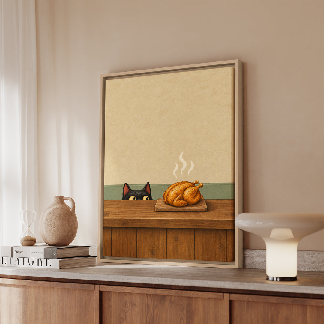 Quality Control – Cat Kitchen Art with a Roast Resting on the Board – Framed Canvas Wall Art