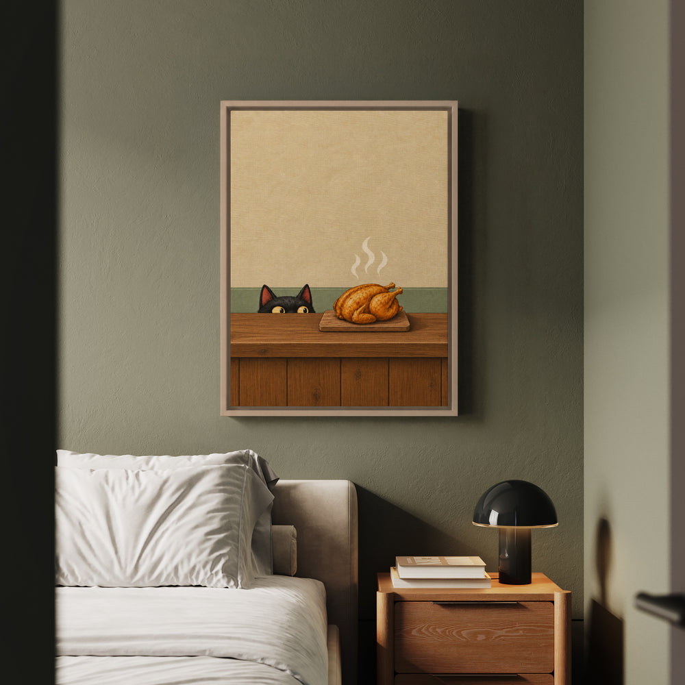 Quality Control – Cat Kitchen Art with a Roast Resting on the Board – Framed Canvas Wall Art