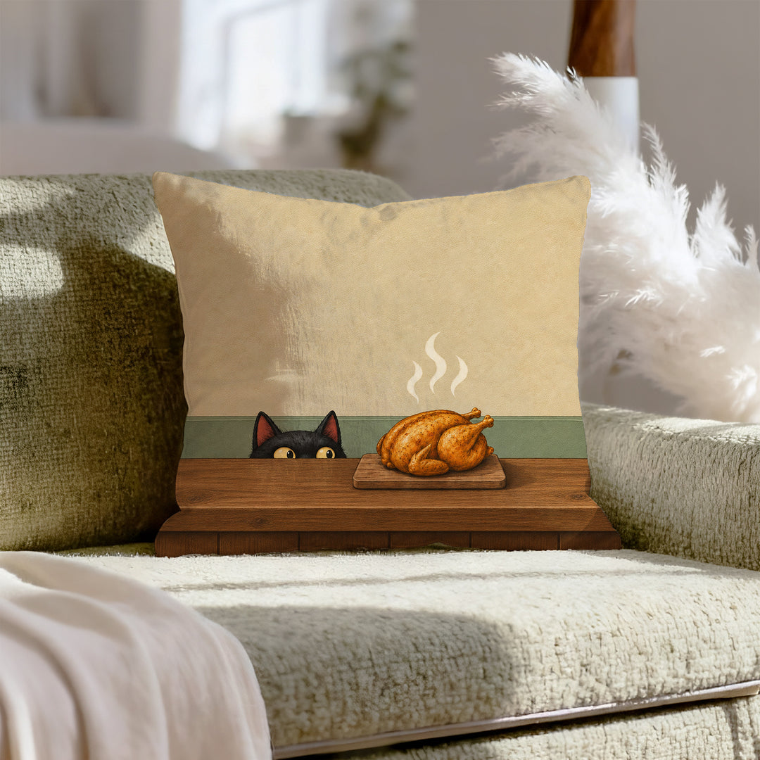 Quality Control – Cat Kitchen Decor with a Roast Resting on the Board – Throw Pillow