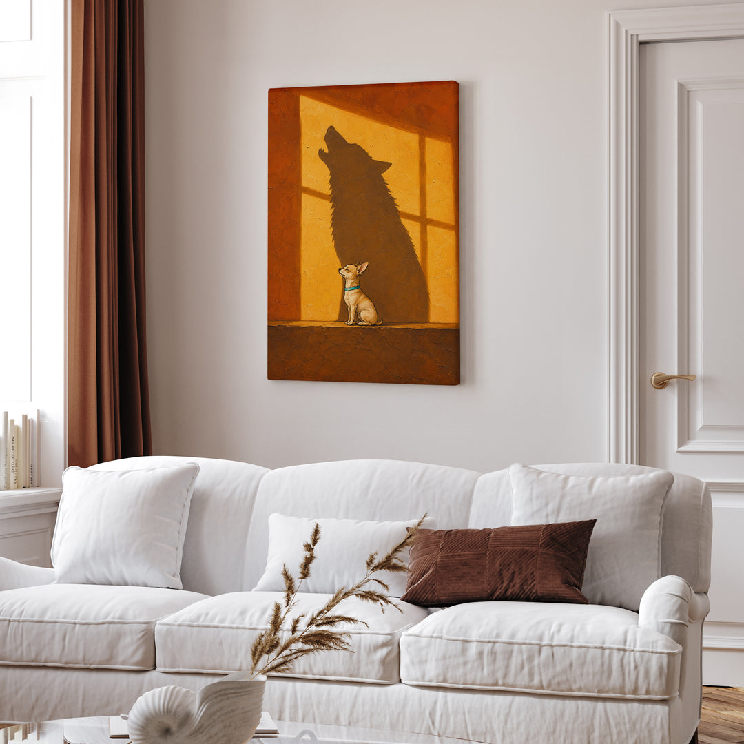 The Inner Wolf – Dog Wall Art with a Tiny Sitter and a Towering Shape – Canvas / Framed Canvas